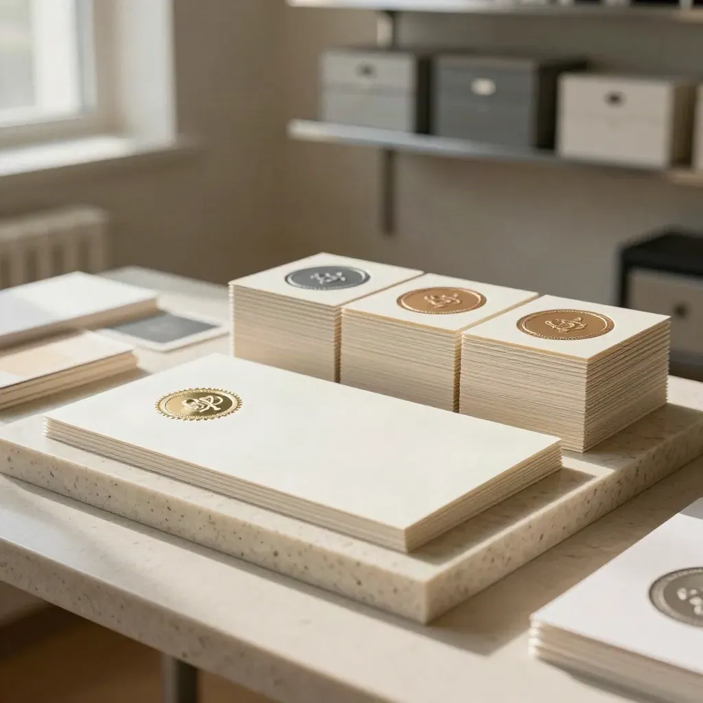 Monogram identity samples with foil seal and acrylic mark on a travertine studio plinth.