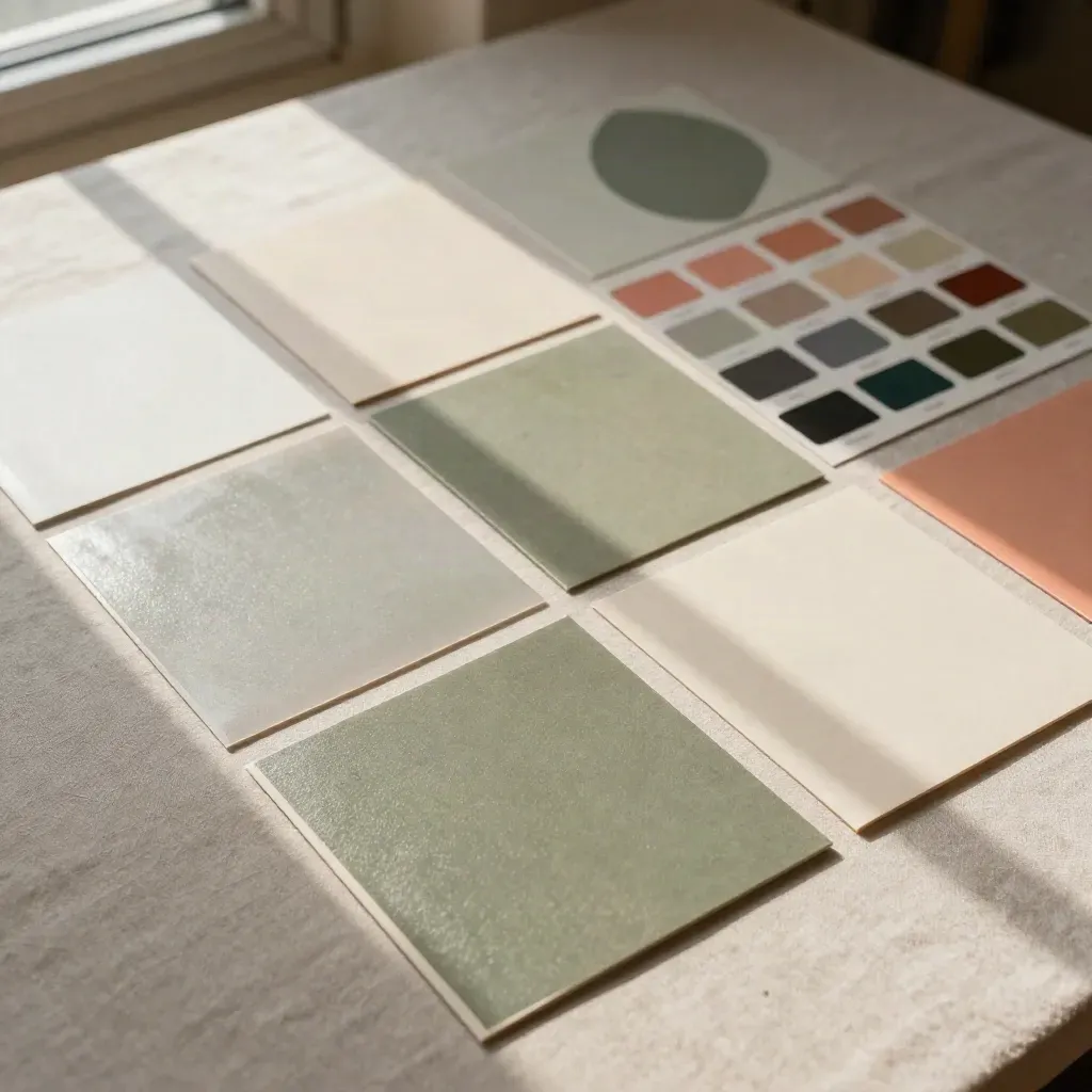 Overhead flatlay of campaign tiles, crop marks, sticker sheets, and color chips on linen.