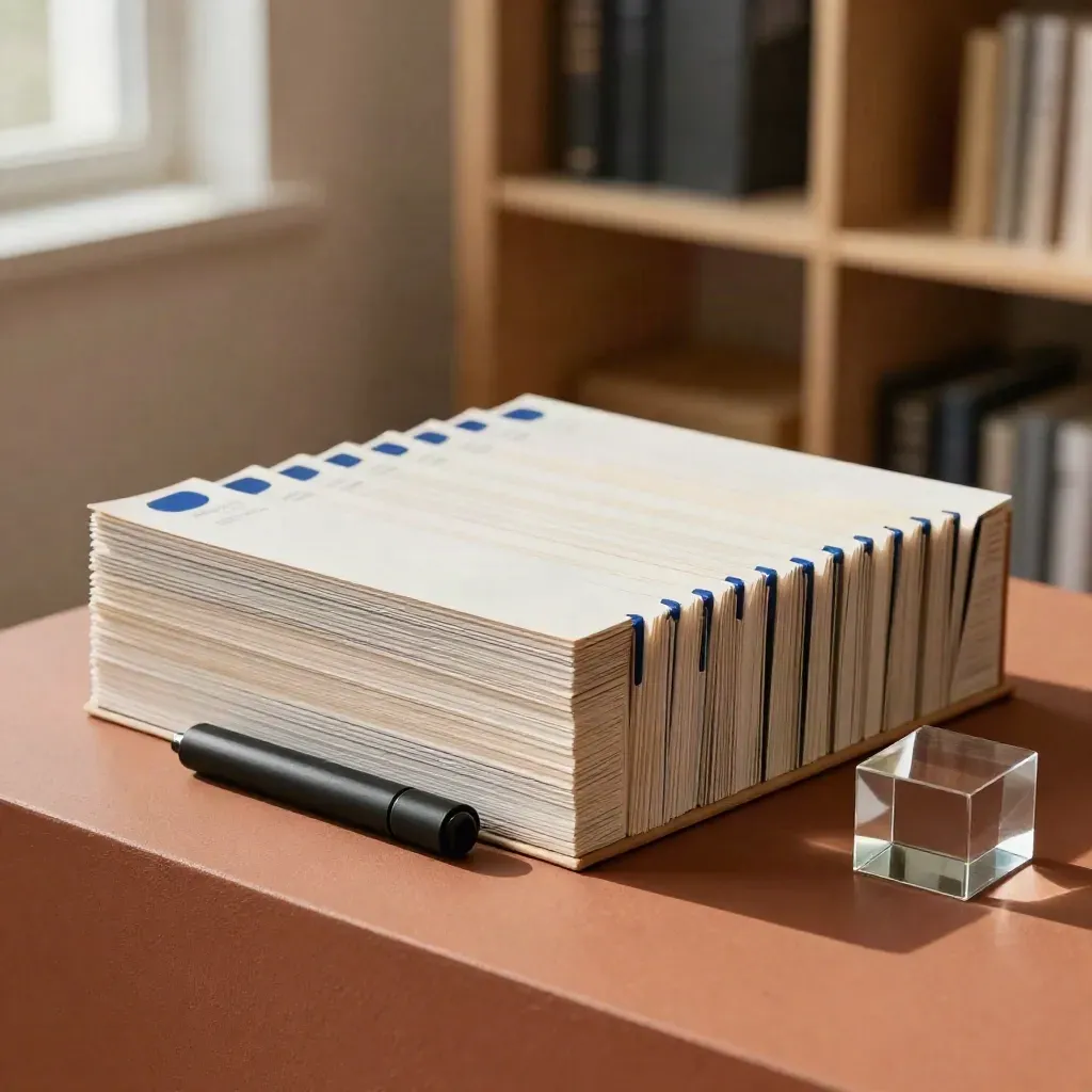 Pitch deck box with dividers, clicker, and prism on a terracotta studio plinth.
