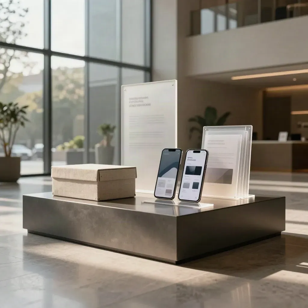 Glass lobby launch kit with acrylic sign, brand box, and device mockups on a pedestal.