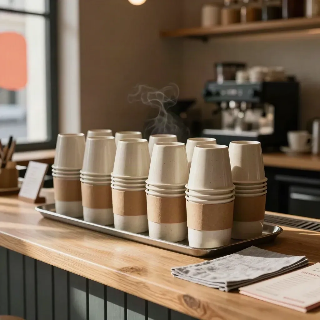 Refreshed café counter with cups, sleeves, and blurred menu panels in warm window light.