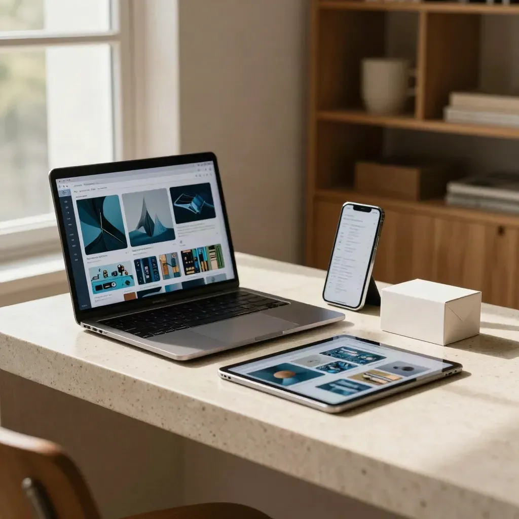 Sunlit laptop, tablet, phone and product box on travertine in a modern studio