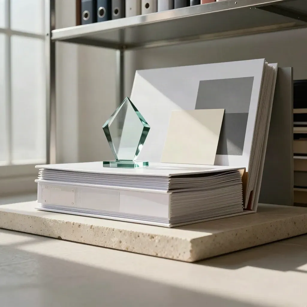 Low-angle studio scene of a finished pitch deck with binders, dividers, and a glass award
