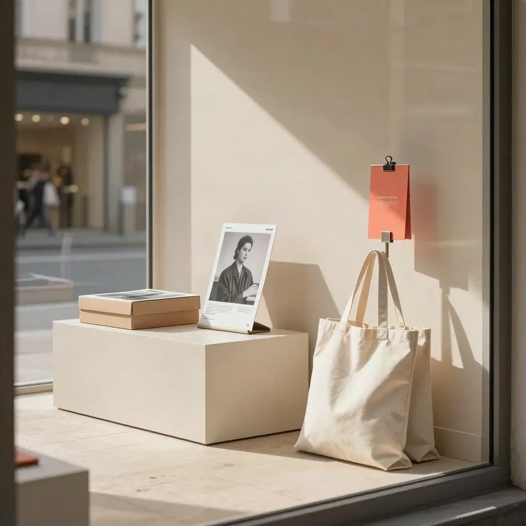 Retail window launch display with boxed product, posters, shelf talkers and tote bag in motion