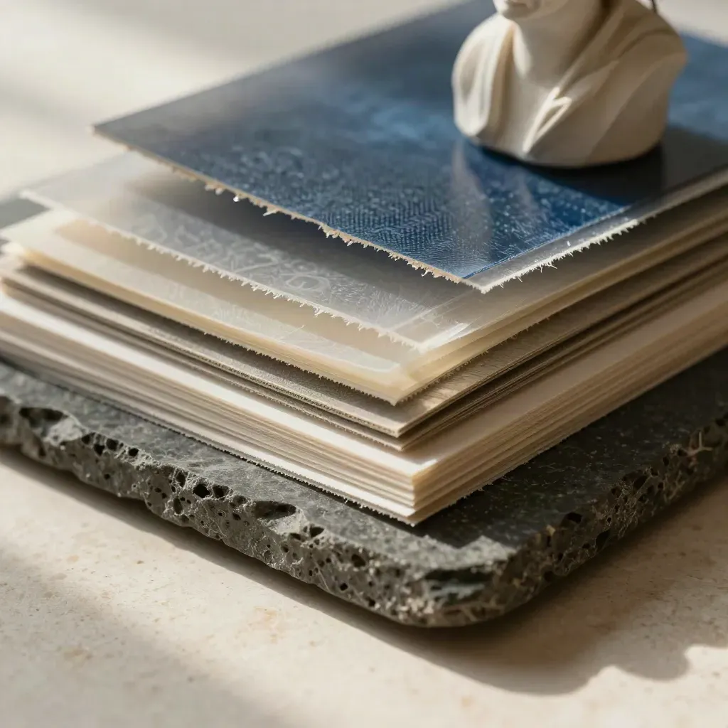 Macro still life of paper swatches and maquette on dark stone with travertine light.
