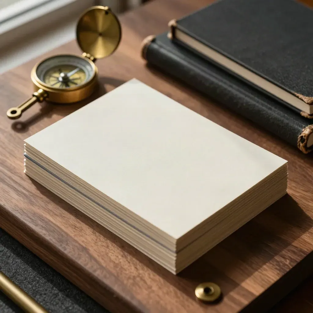 Macro still life of blank index cards, brass compass, paperweight and notebooks on warm walnut.