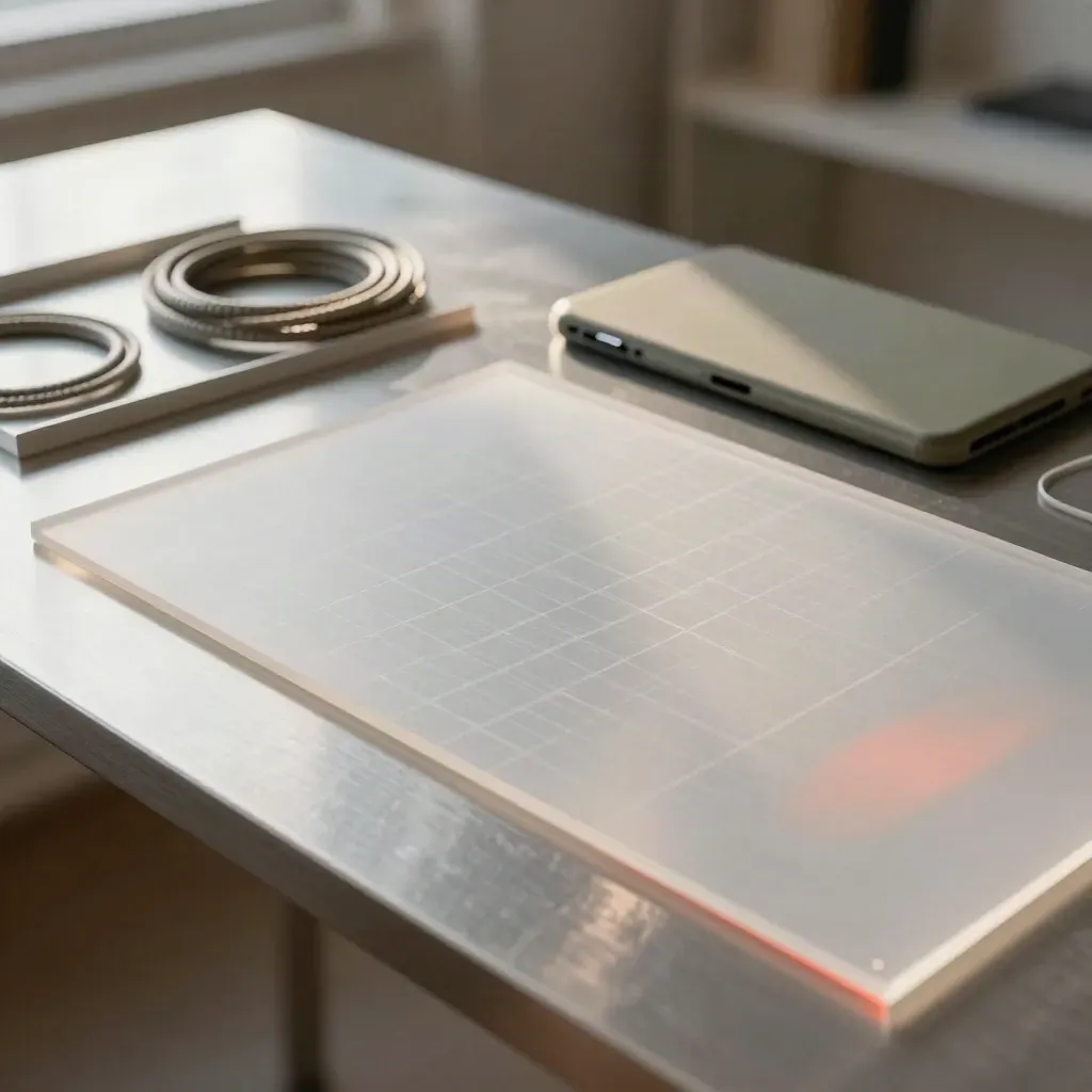Frosted acrylic layout grids, tablet shell, cables and translucent mockup film on a brushed bench.