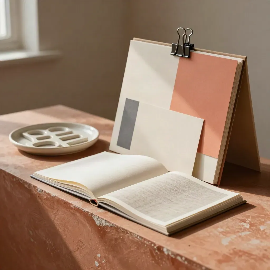 Overhead still life of portfolio boards, sample book, ceramic cutouts and clamp on terracotta plaster.