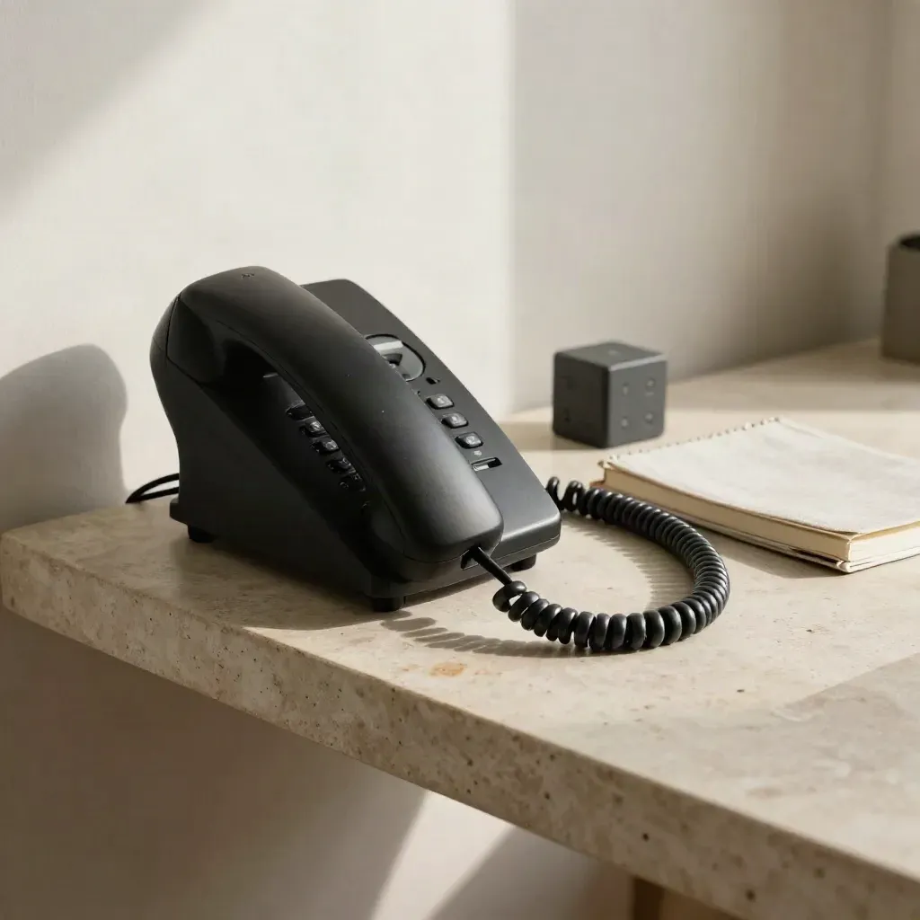 Black phone handset on stone tray with calendar cube, notebook and coffee ring