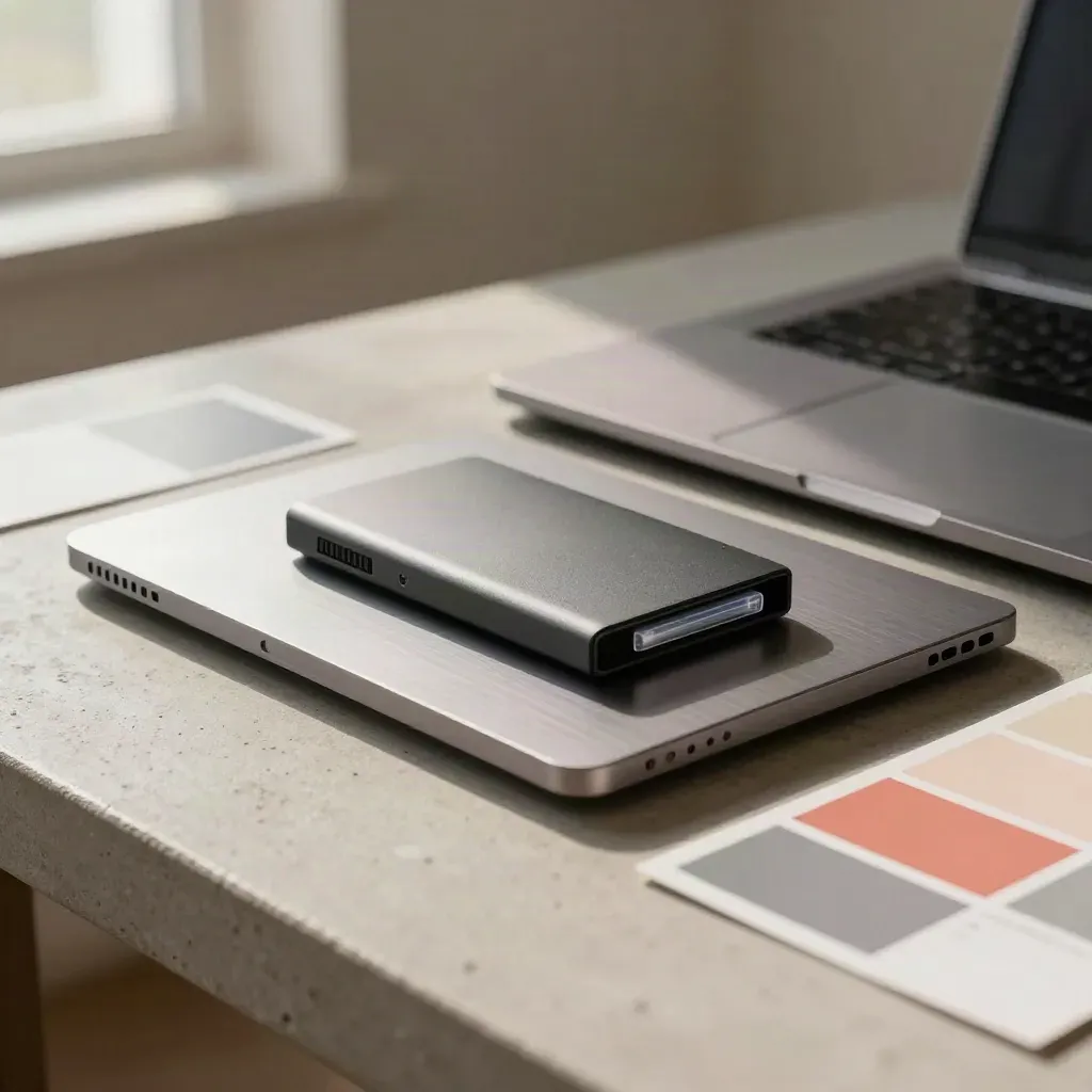 Closed laptop with drive case, SD cards and swatch strips on concrete, softly lit.