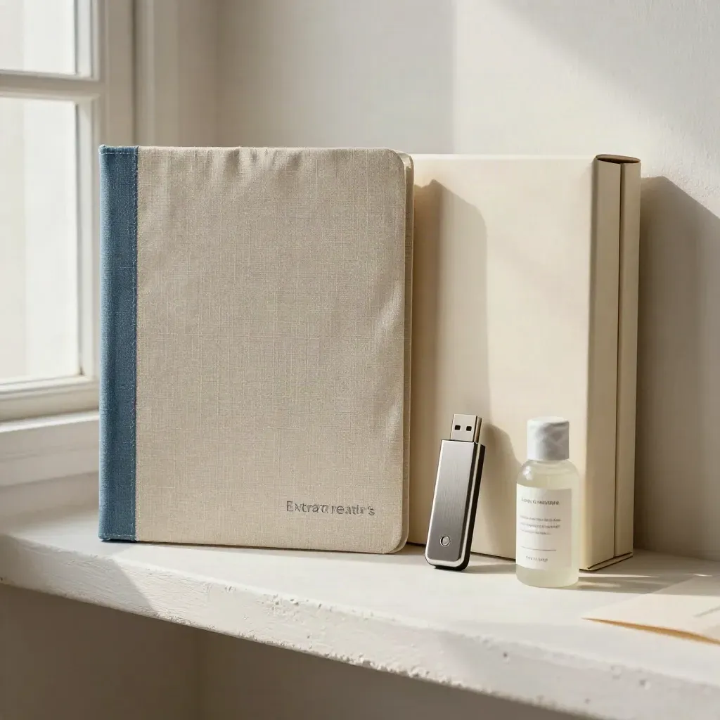 Linen handoff kit with USB drive, box, spray bottle and indigo accent on a soft plaster surface