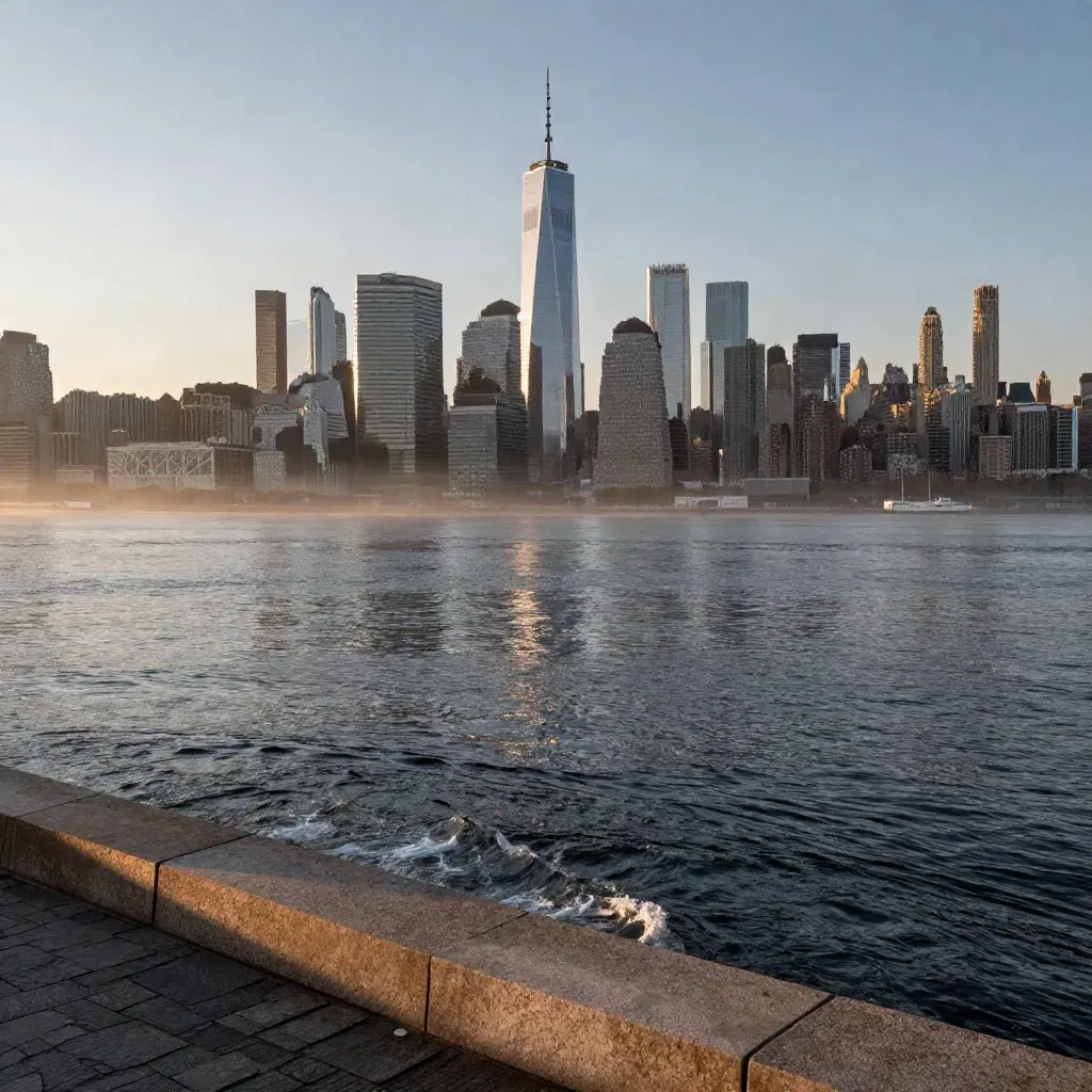 Manhattan skyline at dawn from Brooklyn waterfront, misty river and ferry wake below