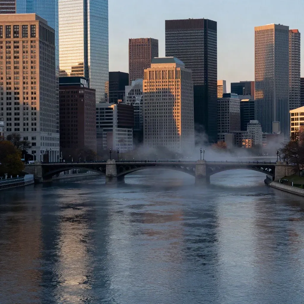 Boston and Cambridge skyline across the Charles at blue hour, bridges and fog above calm water.