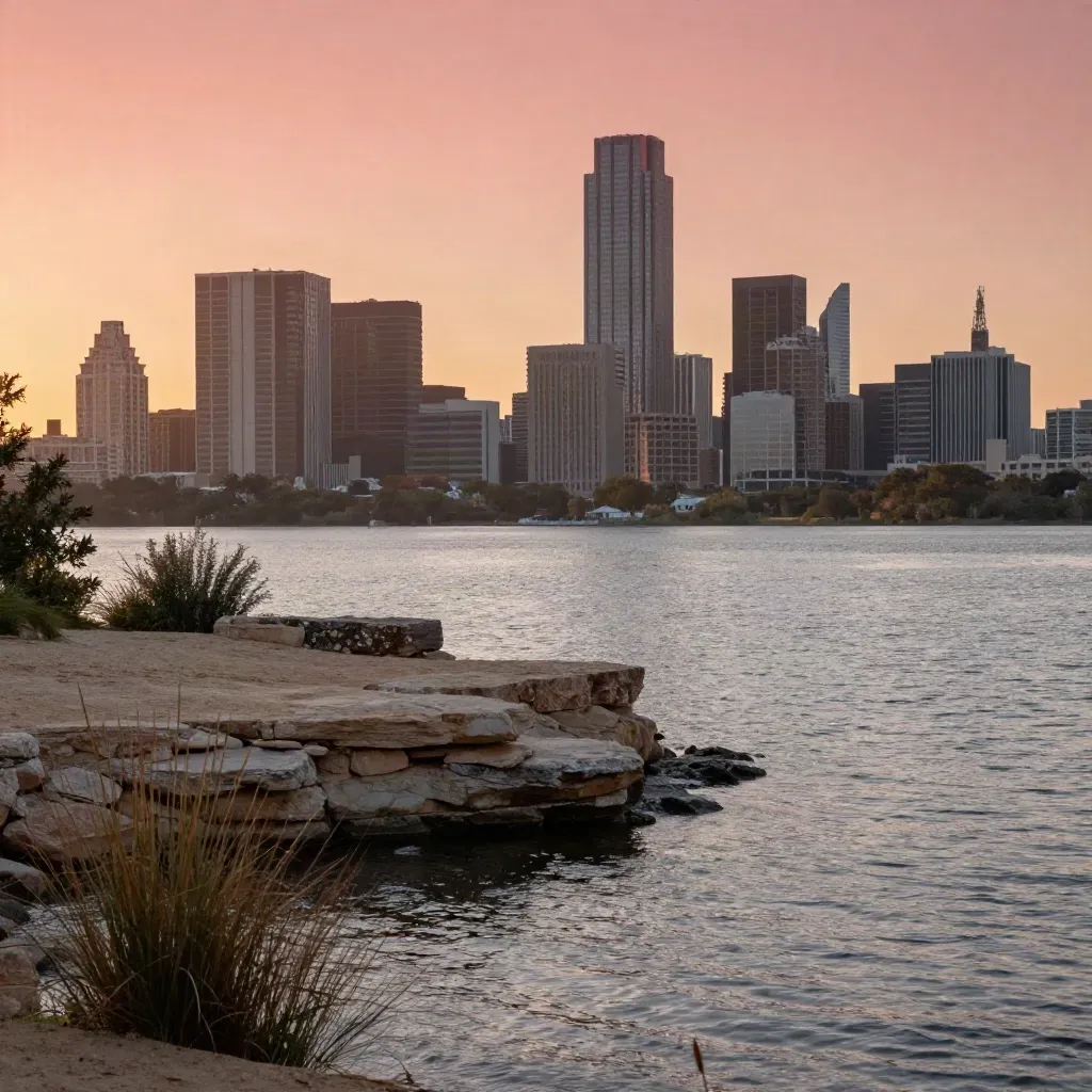 Austin skyline over Lady Bird Lake at sunset with haze and calm water
