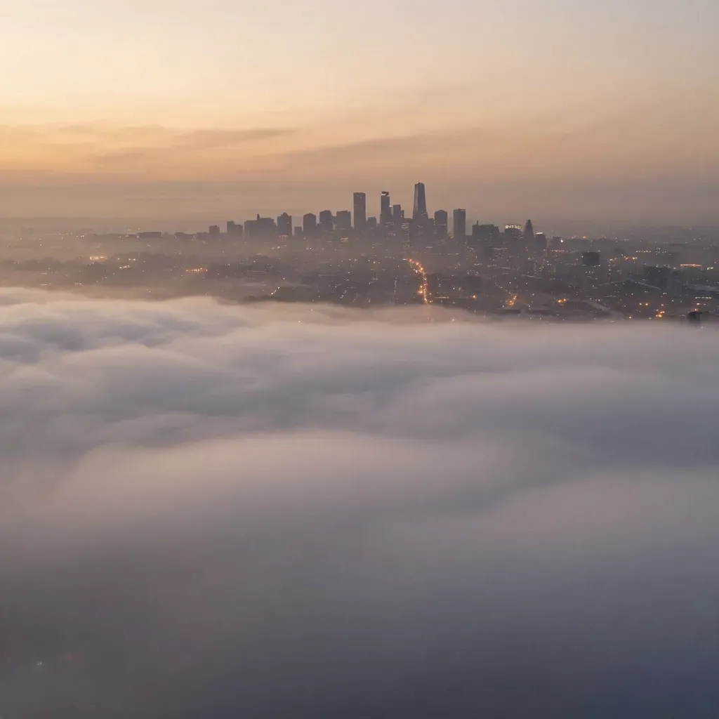 Sunrise cloud field over distant city lights, calm haze for headline copy.
