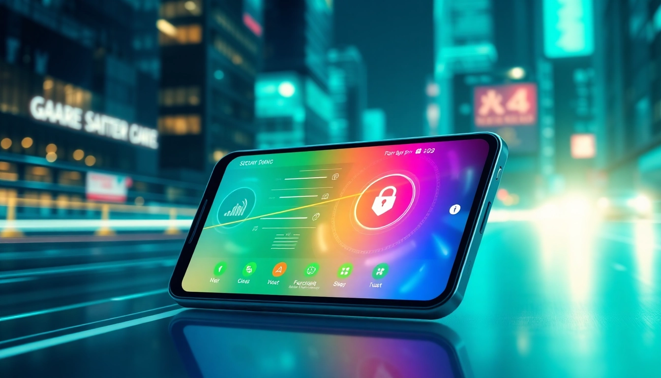 快连官网 app interface showcasing a secure network connection on a smartphone against a tech-savvy urban backdrop.