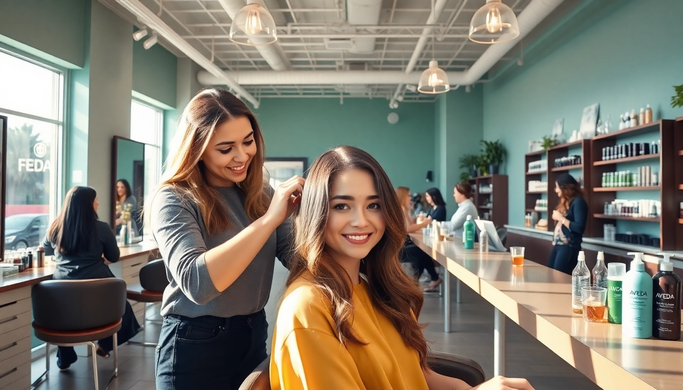 Hair salons San Diego: modern salon scene with stylist cutting hair and highlights.