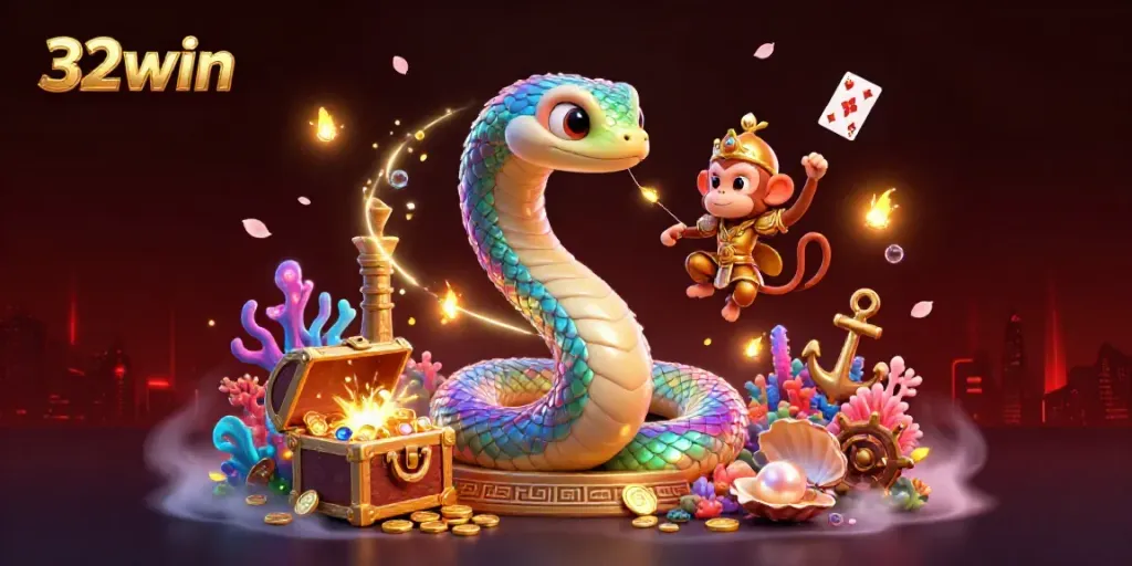 Experience the thrilling world of 32win with vibrant casino-themed characters and elements surrounding a golden treasure.