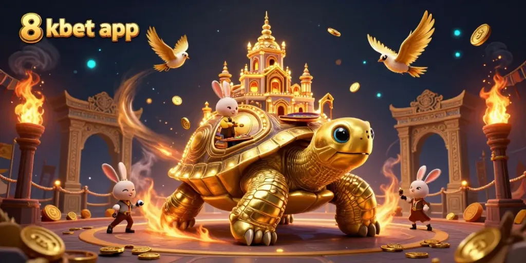 Experience thrilling gameplay with the 8xbet app in a vibrant 3D casino world filled with gold coins.