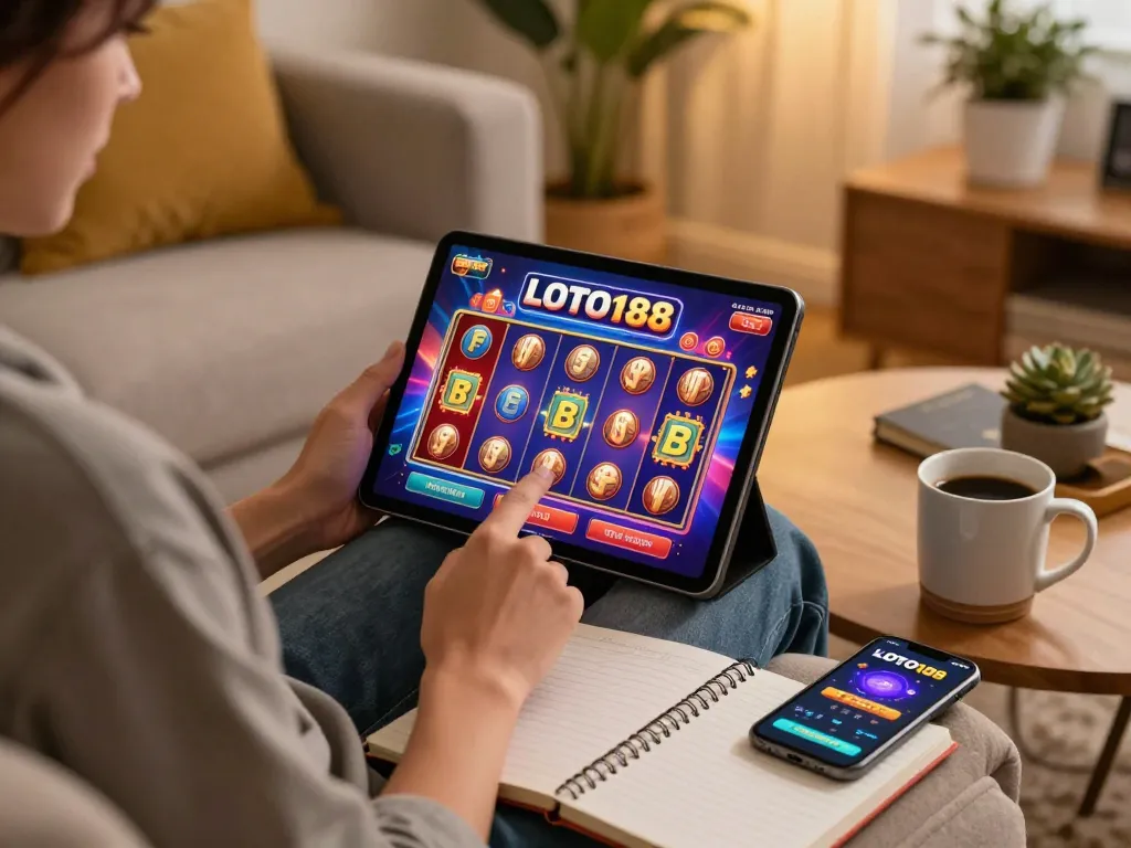 Engaging gameplay on LOTO188 COM showcasing a colorful online slot interface in a cozy home setting.