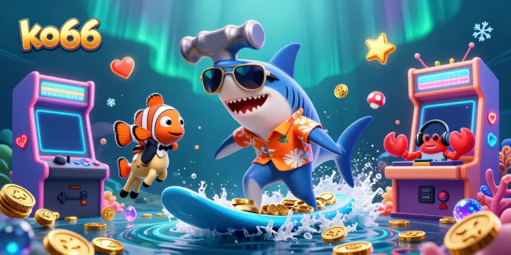 Experience the excitement of playing ko66 with vibrant characters surfing on golden coins.