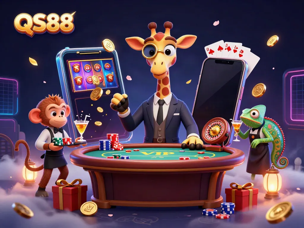 Engage with QS88 by playing slots and games alongside a high-roller giraffe at a VIP poker table.