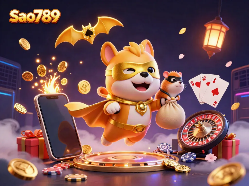 Experience the excitement of Sao789 with a superhero dog and casino-themed elements in 3D.