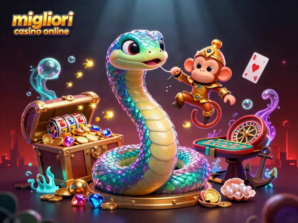 Scopri i migliori casino online con un'immagine dinamica di giochi, serpente e moneta d'oro.