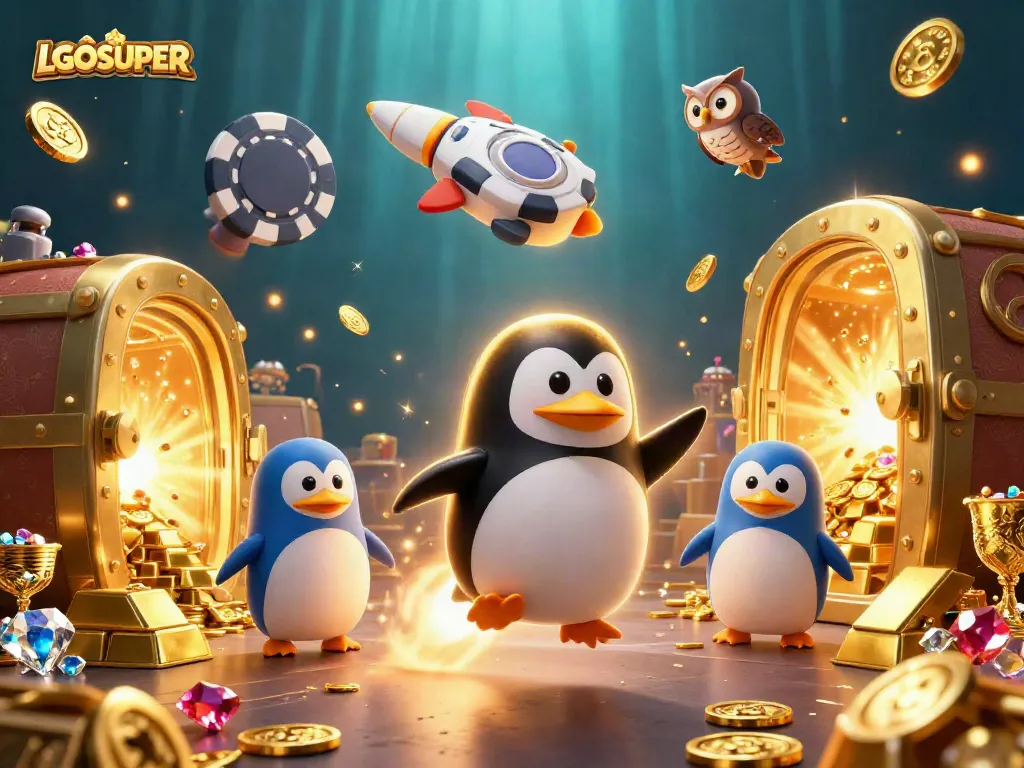 Experience thrilling gameplay with LGOSUPER by joining the golden penguin adventure through casino space.