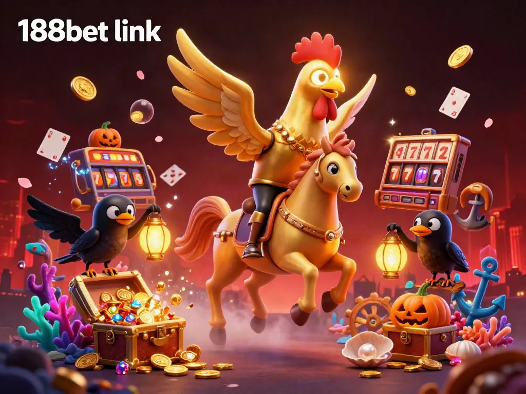 Engage with thrilling moments at 188bet link, where golden rooster and ghostly horse team up in a vibrant casino scene.