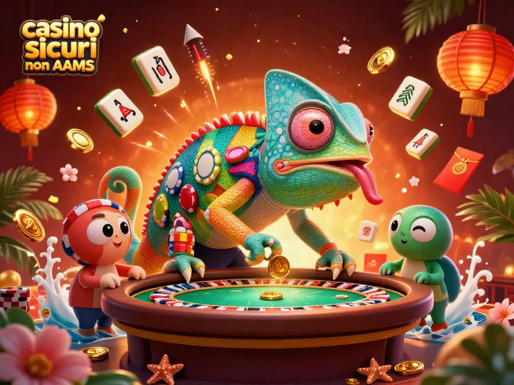 Giocando nei migliori casino sicuri non AAMS con un camaleonte che salta monete dorate.