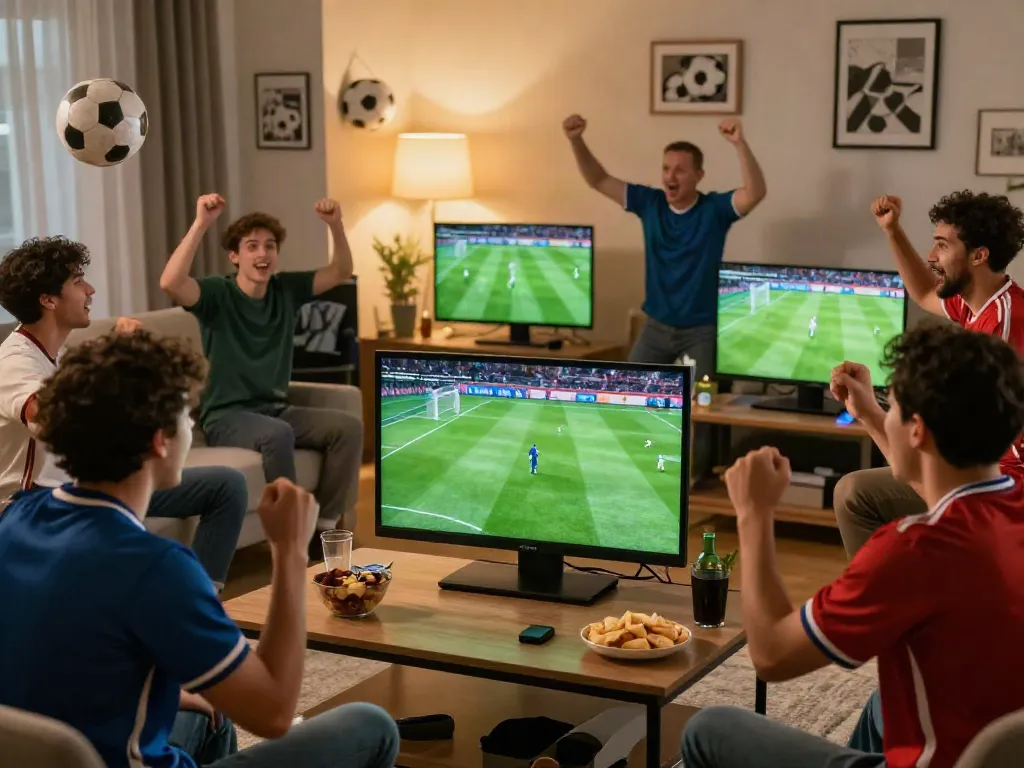 Excited fans watching football on multiple screens at home, celebrating with snacks and drinks, showcasing https://cakhiatvvn.jpn.com/ experience.
