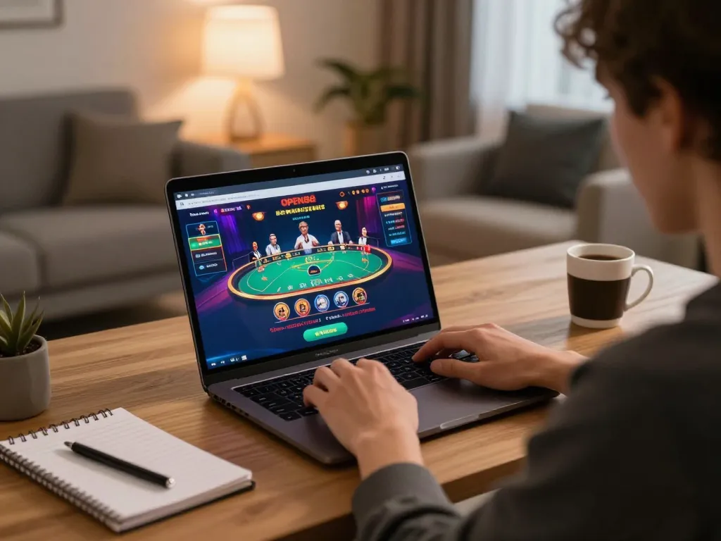 Engaging user playing at OPEN88 casino on a laptop, showcasing strategic online gambling experience
