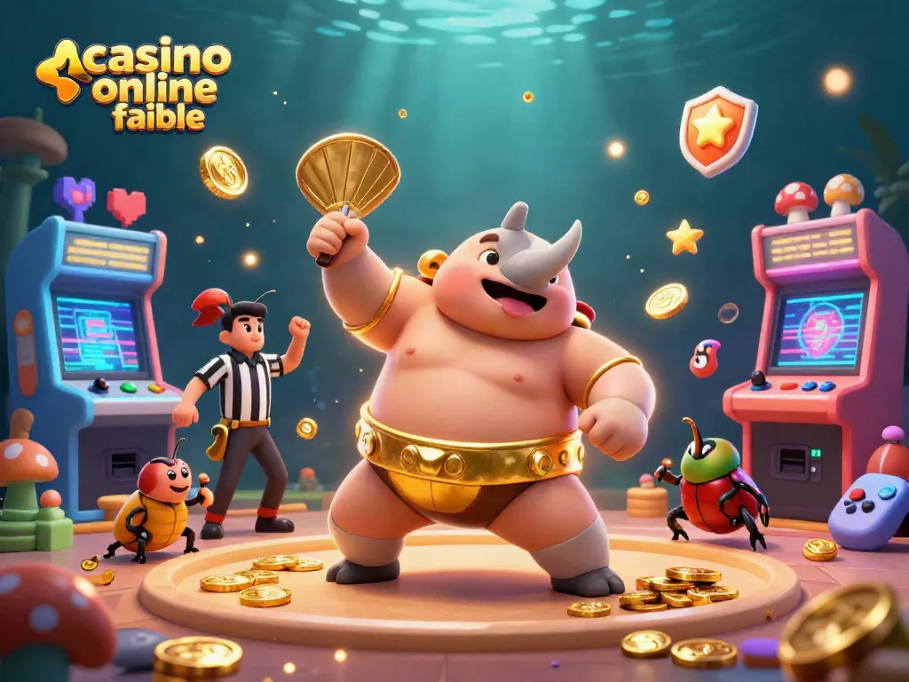 Disfruta de la experiencia en un casino online fiable con un campeón de sumo y un árbitro en una ilustración 3D vibrante.