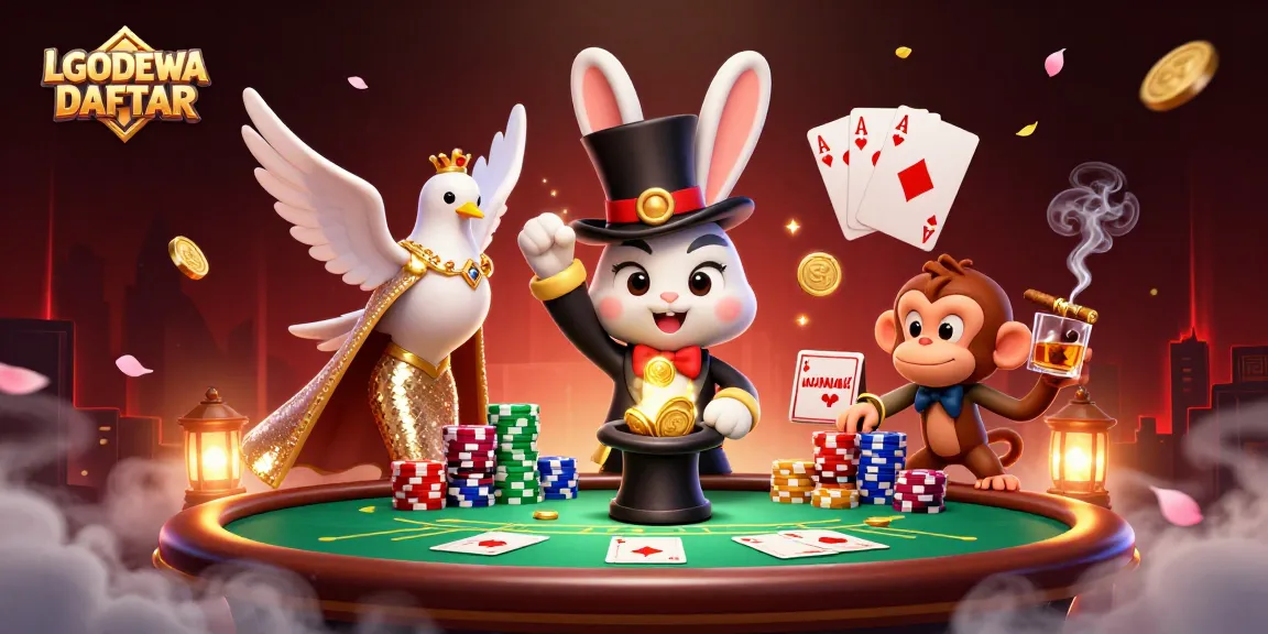 Experience the excitement of LGODEWA DAFTAR with a magician rabbit, glamorous dove, and playful monkey amid vibrant casino action.