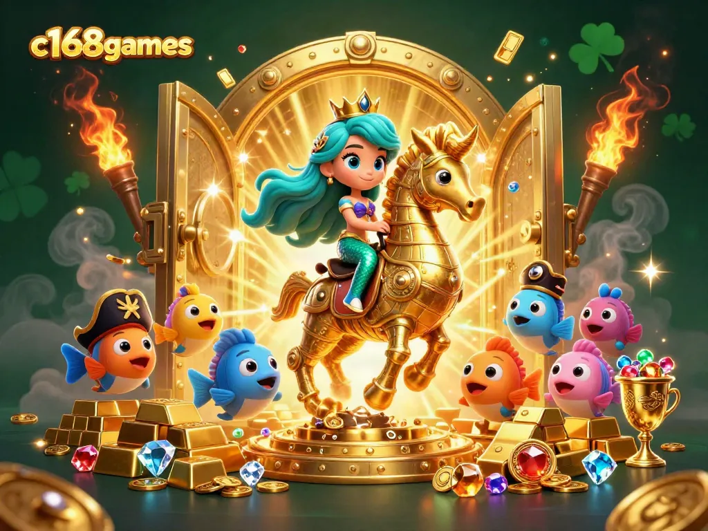 C168games captures excitement by showcasing a mermaid princess and seahorse in a treasure-filled scene.