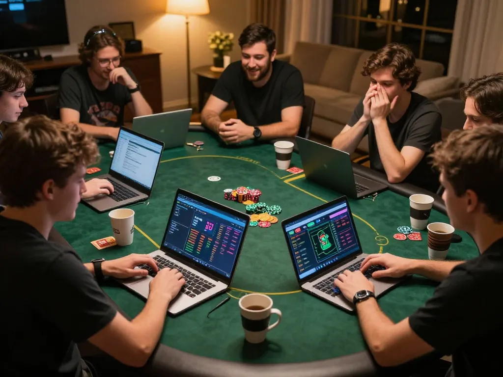 Players enjoying fly88 poker on laptops in a cozy home setting, showing excitement and strategy.