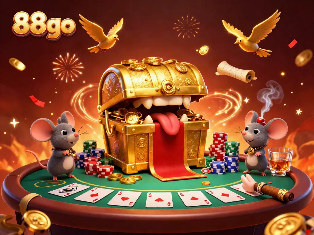 Experience the excitement of 88go with a vibrant 3D treasure chest illustration filled with gambling elements.