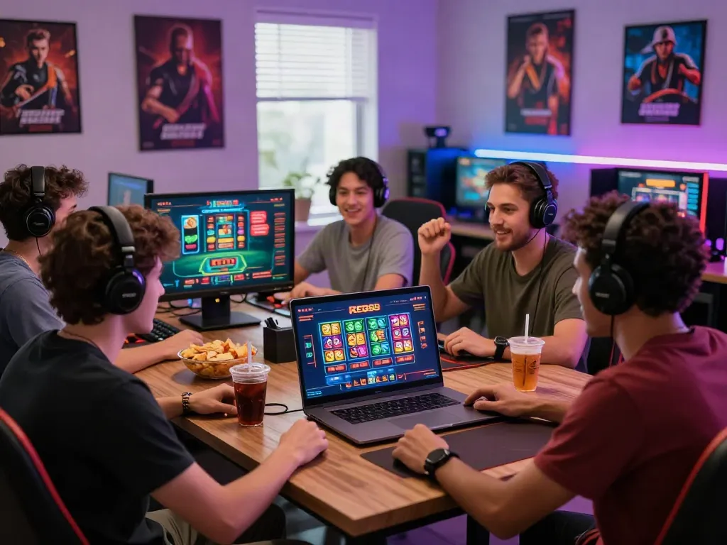 Excited friends enjoying a live casino game on RED88 platform during a gaming night.