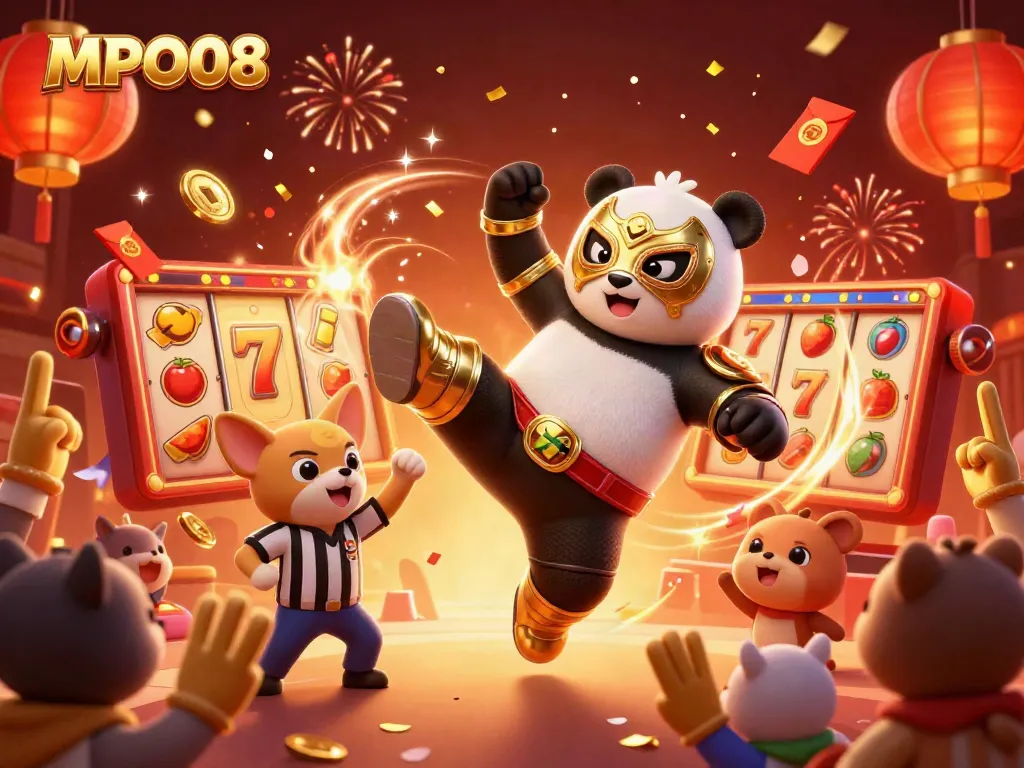MPO08 features a panda wrestler launching a flying kick in a lively casino crowd, celebrating with slots and festive elements.
