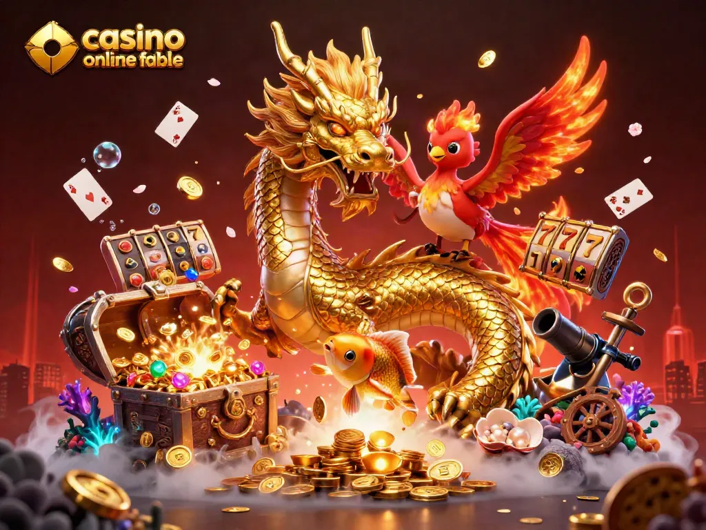 Una escena dinámica de un dragón dorado y un fénix en un casino online fiable, rodeados de premios y símbolos de juego.