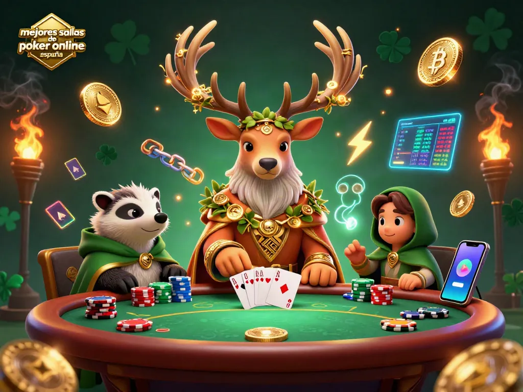 Analiza las mejores salas de poker online España en una tarjeta con poker y personajes míticos