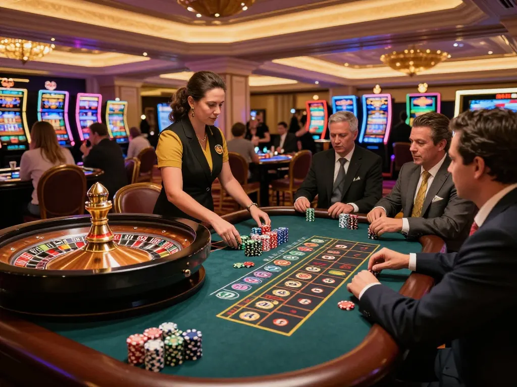 Players engaged in roulette gameplay at 789wincom's luxurious casino, showcasing vibrant chips and an elegant croupier.