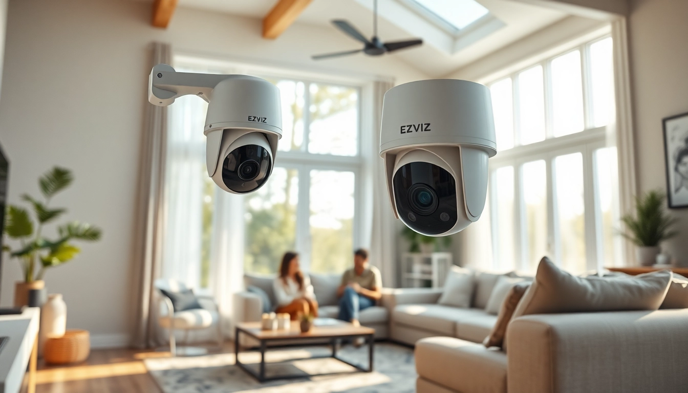 Cámaras EZVIZ brindando seguridad en un hogar moderno con interacción familiar.