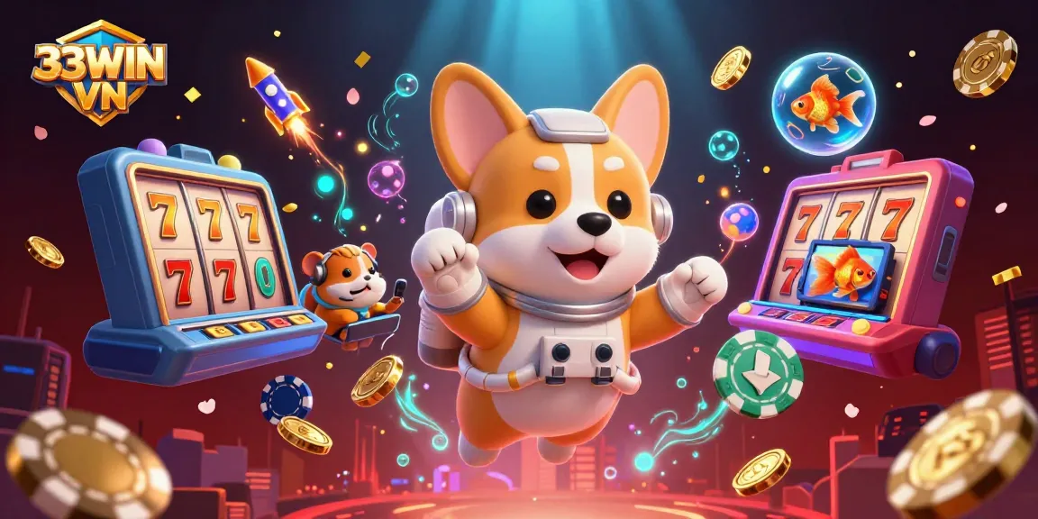 33WIN VN launches an astronaut corgi in a vibrant casino, juggling floating coins and jackpots.