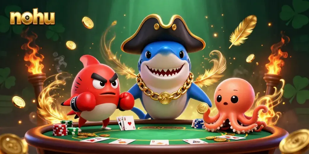 Engage with nohu-themed casino action featuring cartoon shark, pufferfish, and octopus.