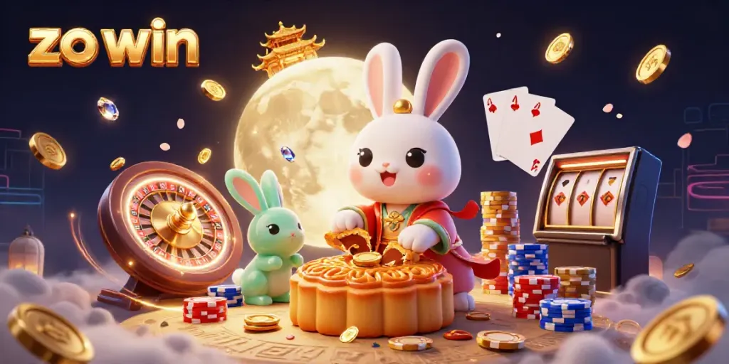Experience zo win with a thrilling casino scene featuring a moon rabbit, poker chips, and rich gaming elements.