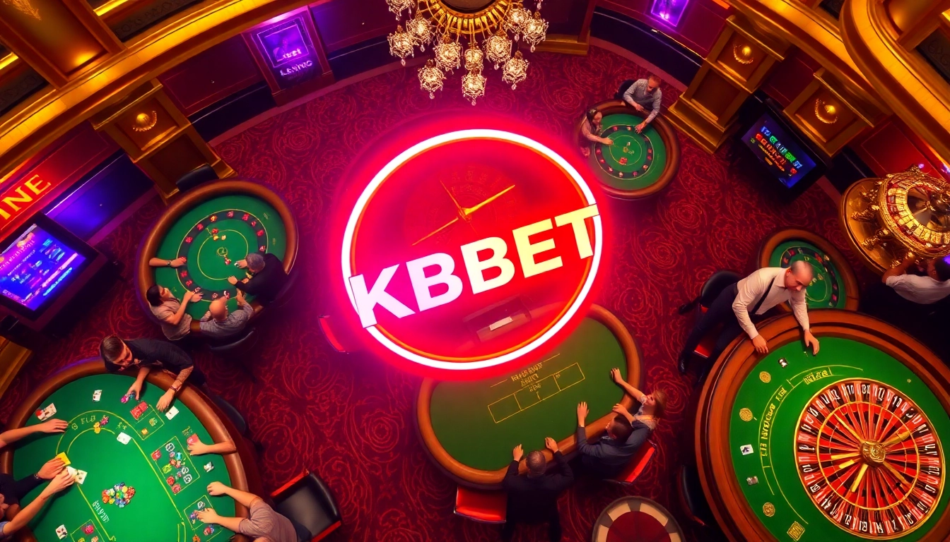 KBBET casino scene with poker tables, excited players, and a roulette wheel illuminated in luxury.