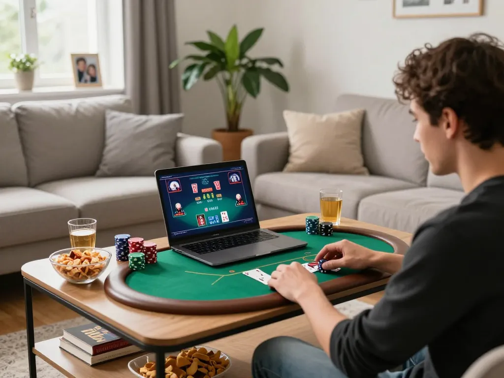 Engaging online poker moment with go99 app on laptop in cozy living room setting.