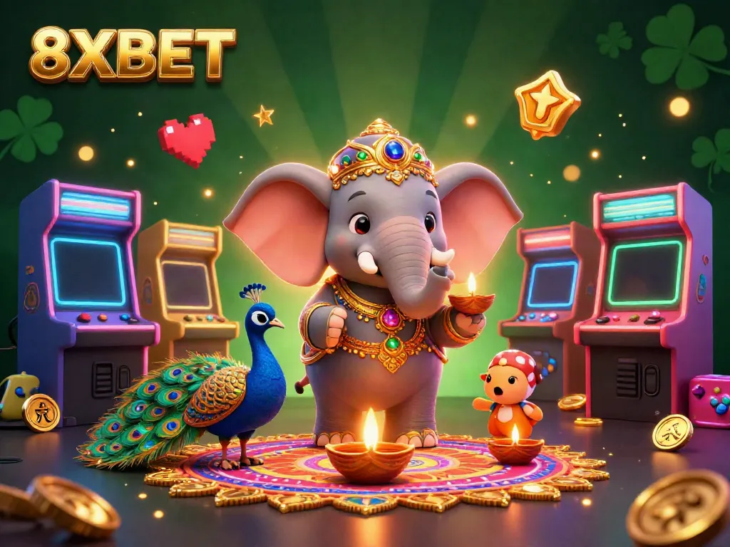 Experience the vibrant gaming world of 8XBET with a lively 3D illustration of gambling fun and excitement.